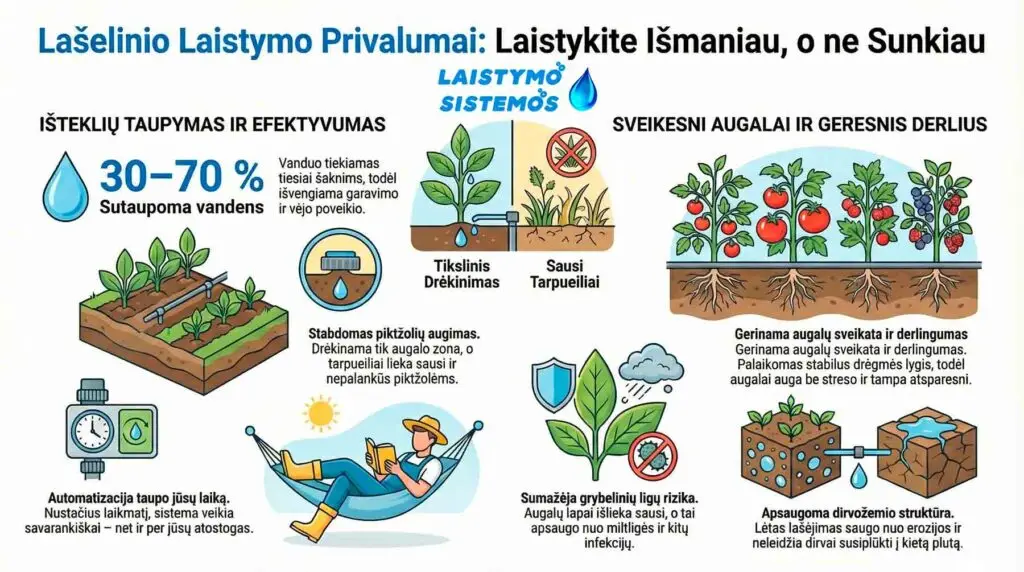 Pagrindiniai lašelinio laistymo sistemos privalumai
